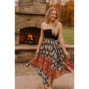 Boho High Low Strapless Dress Medallion Print‎ Black White Orange L